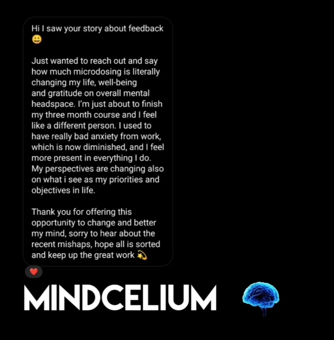 Screenshot of a message about the positive effects of microdosing on mental health, with the word 'Mindcelium' and an illustration of a brain at the bottom.