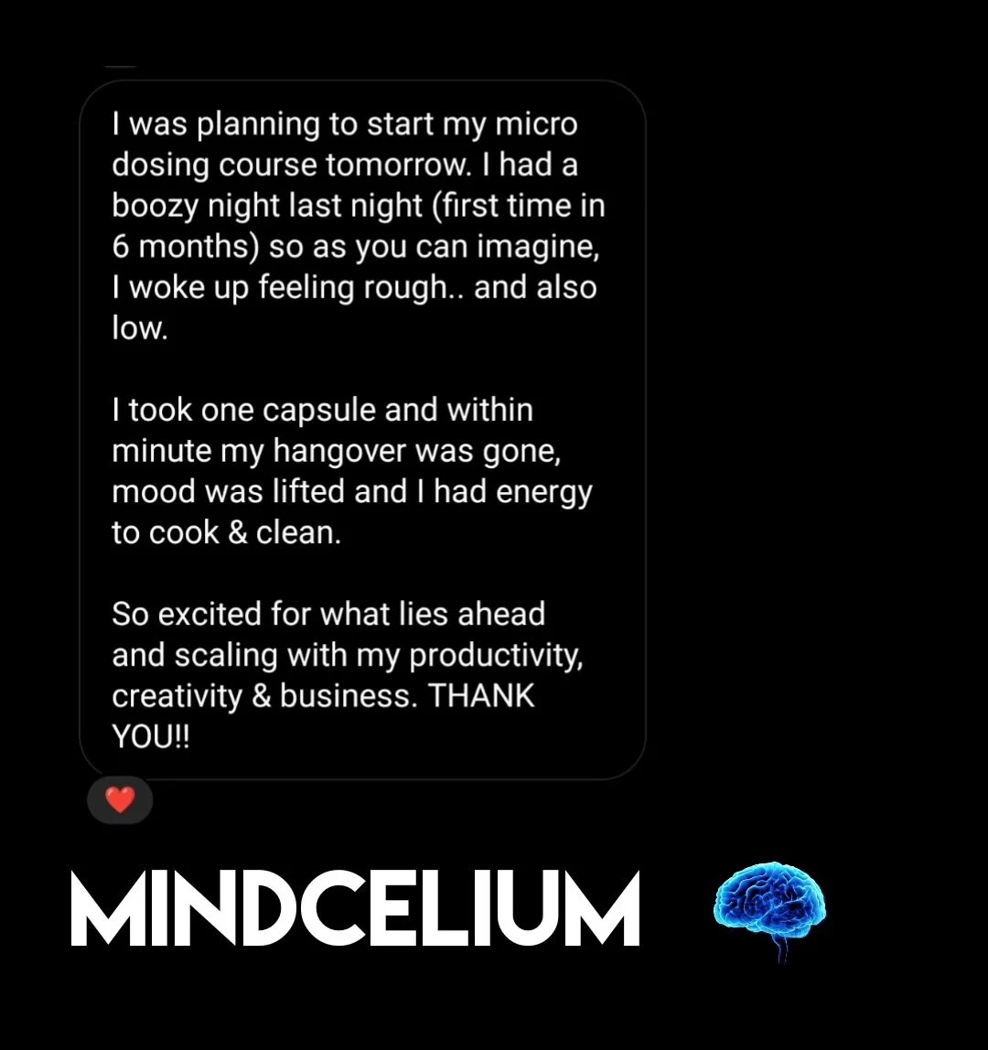 A screenshot of a social media post with a black background. The post contains a personal message about starting a microdosing course after a rough night, with a focus on recovery and productivity. At the bottom, there is the word 'MINDELcium' in lar