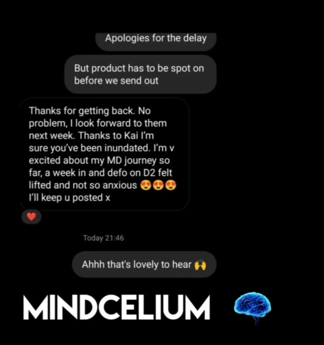 Screenshot of a text conversation about medical journey, with moderating messages and emojis, titled 'MINDCELIUM' with a blue brain icon.