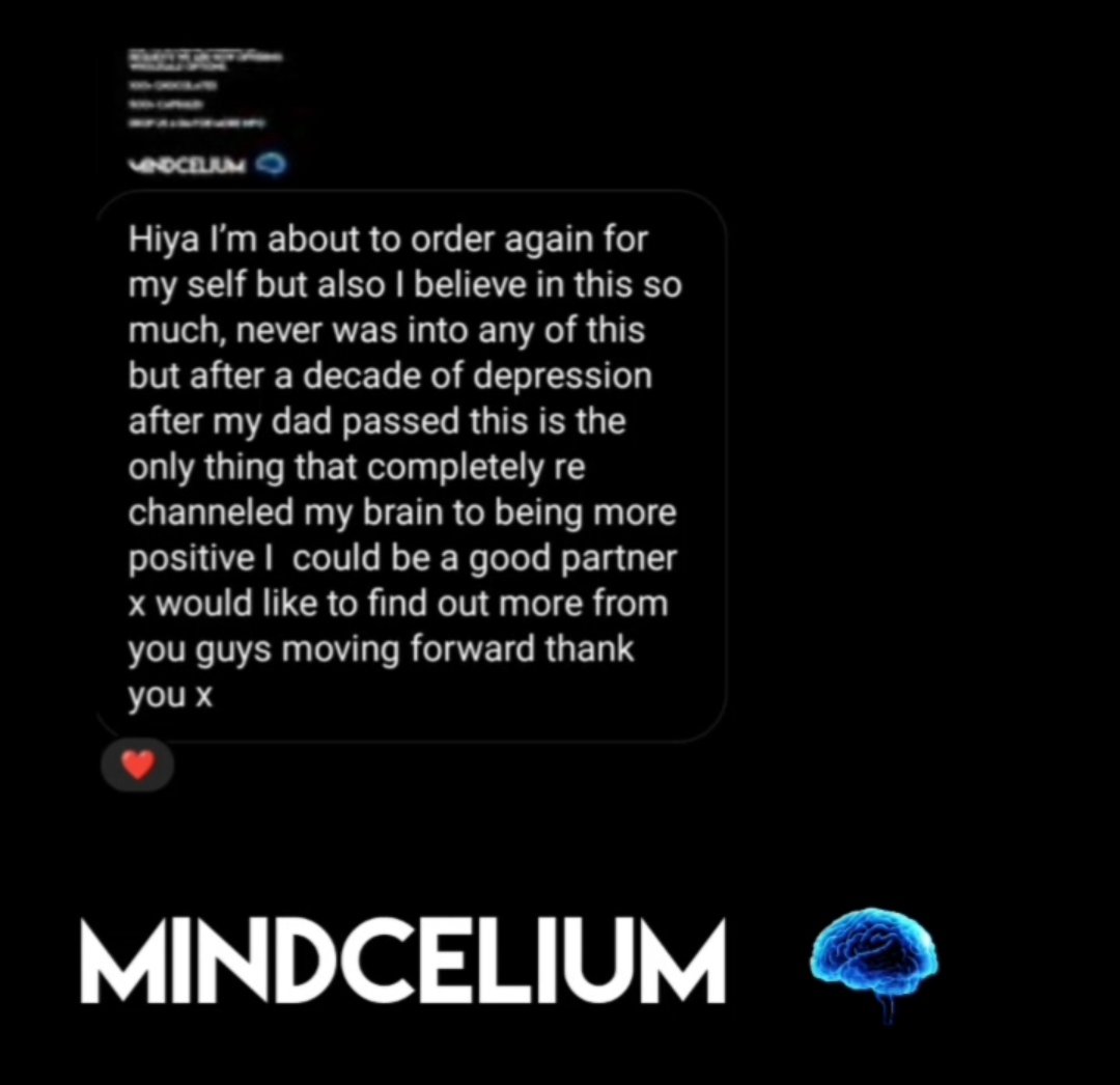 Screenshot of a social media post with a message of mental health recovery, a heart icon, the text 'MINDELIIUM' with a brain illustration, and blurred text in the background.
