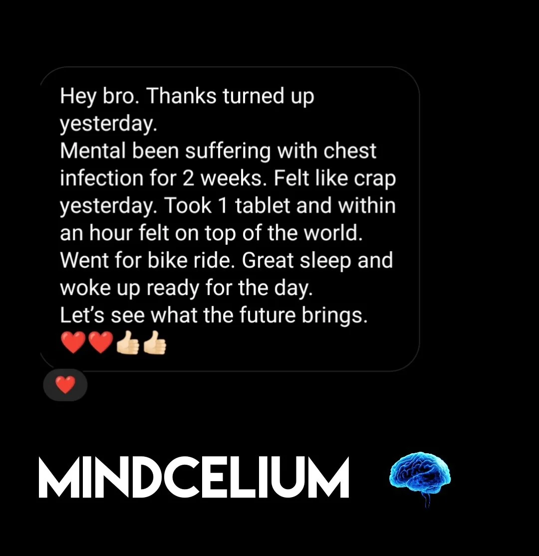 A screenshot of a message and a logo on a black background. The message expresses gratitude for a recent support, describes a week of dealing with chest infection, medication, biking, and good sleep, ending with optimism about the future. The logo be