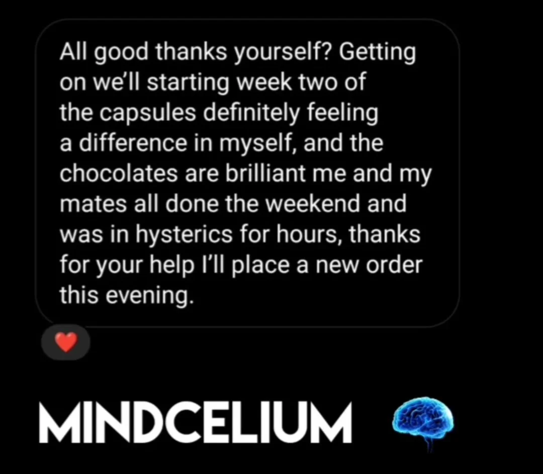 Text message discussing starting a supplement regime and expressing gratitude, with the word "MINDELUIUM" and a blue brain graphic underneath.
