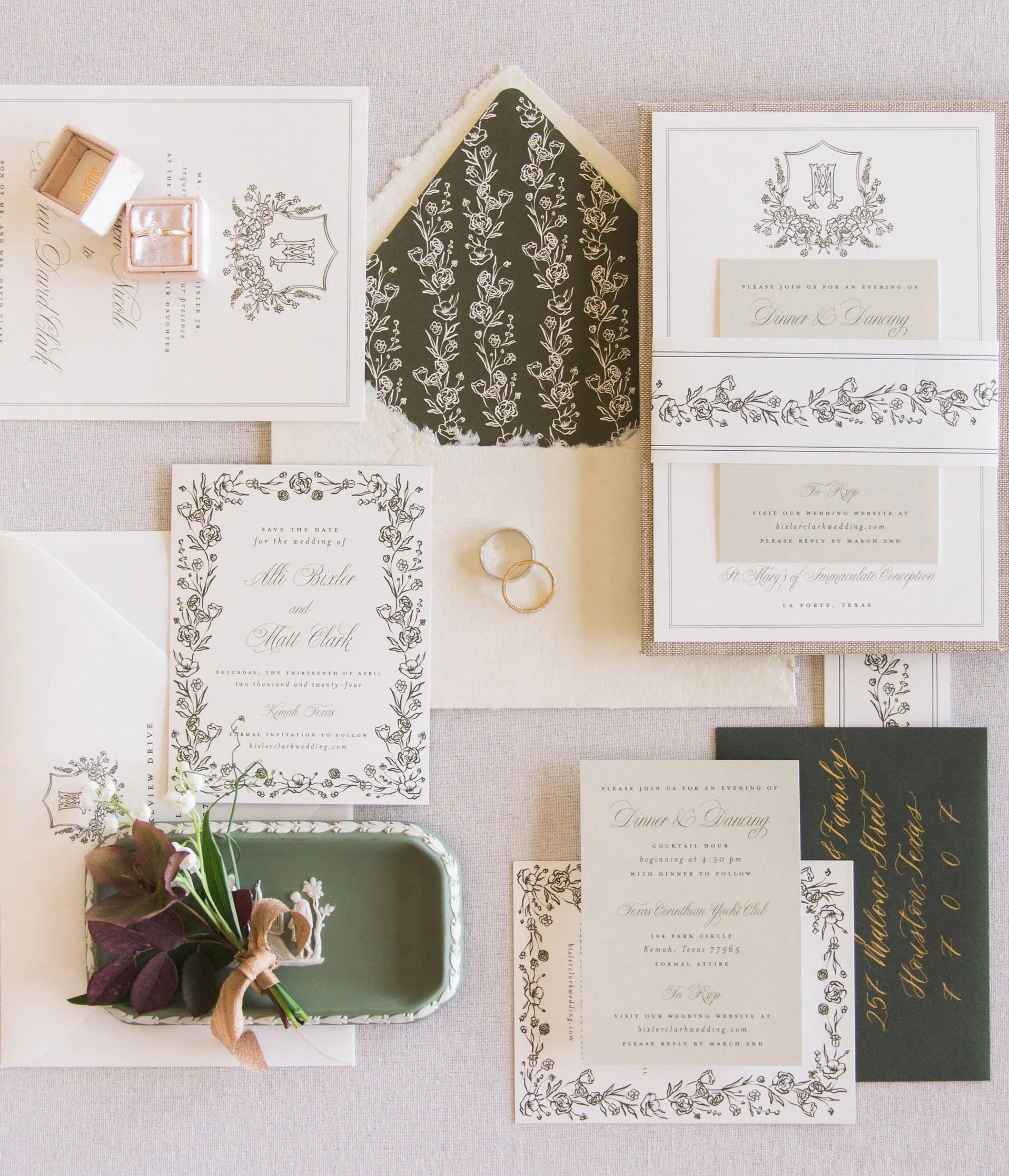 Fine art botanical wedding invitation suite in green, white, and cream, styled with a vintage Wedgwood tray by The Petaler Floral and Events Co.