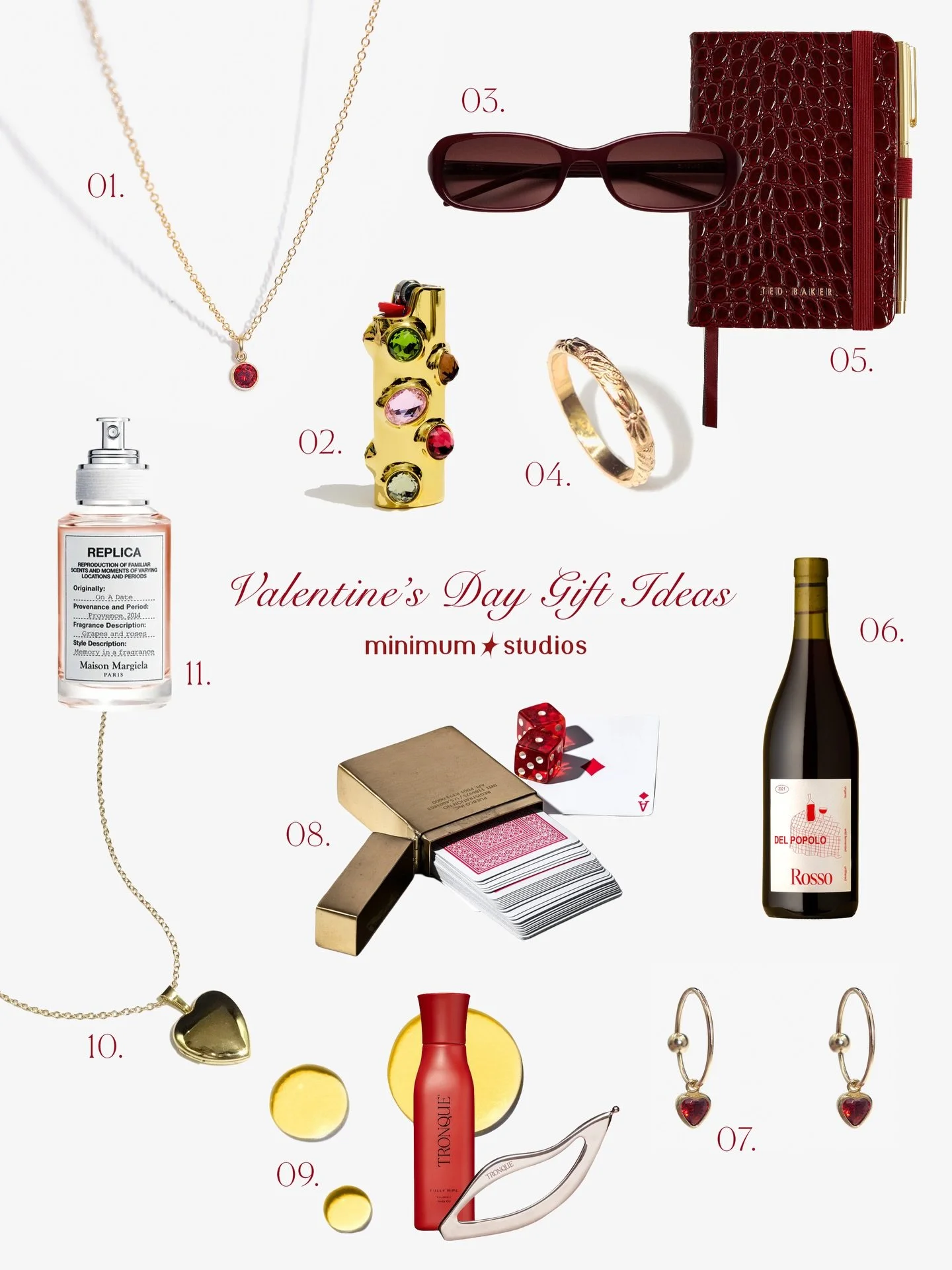 Our picks for Valentine&rsquo;s Day 2026 &hearts;️ 

01. Minimum Studios Birthstone Necklace / Ruby 02. Edie Parker Gemstones Lighter Case / Peony 03. Chimi Code Burgundy Sunglasses 04. Minimum Studios Mini Esme Ring 05. Ted Baker Audrry Croc Noteboo