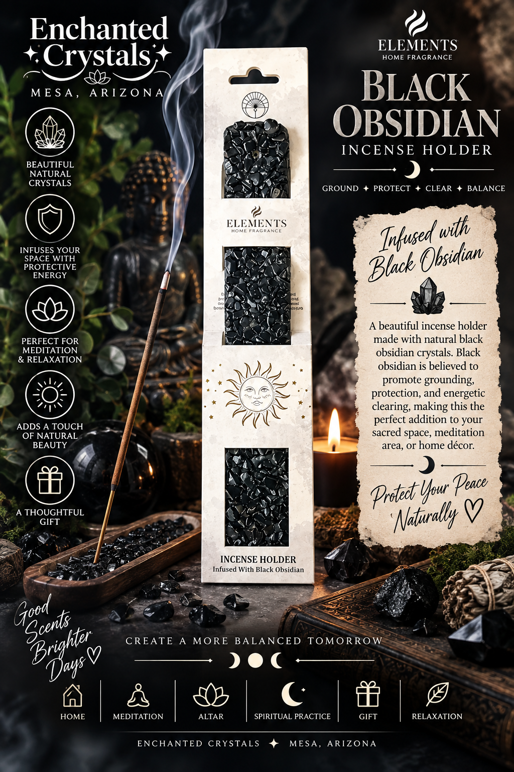 Black Obsidian Crystal Incense Burner – Wooden Incense Holder with Natural Stone Detail