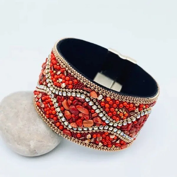 Bohemian Handmade Gravel Beads Magnetic Buckle Bangle