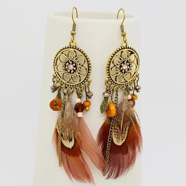 Bohemian Vintage Flower-Shaped Feather Pendant Earrings