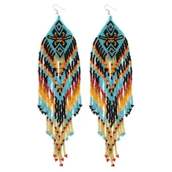 Handmade Beaded Extra Long Turquoise Blue Black Native Style Hook Earrings