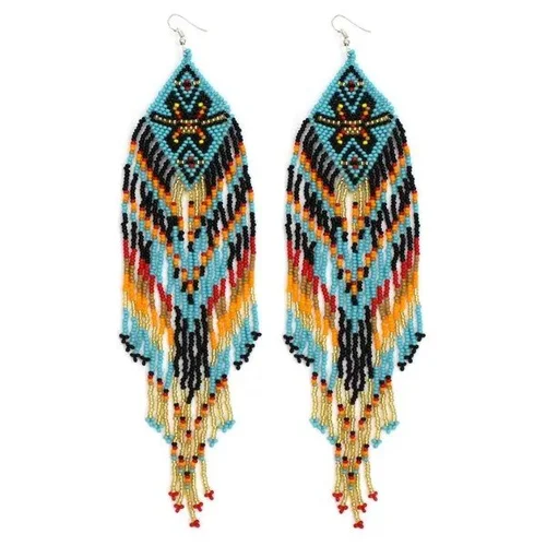 Handmade Beaded Extra Long Turquoise Blue Black Native Style Hook Earrings