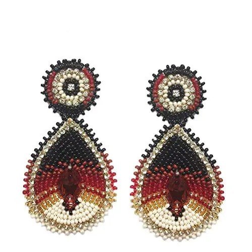 Handmade Glass Seed Beaded Teardrop Earrings (Brown Cream Post)