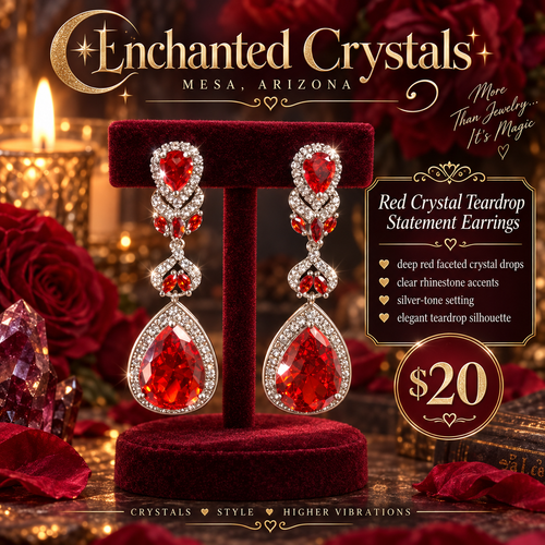 Red Crystal Teardrop Statement Earrings – Silver Tone