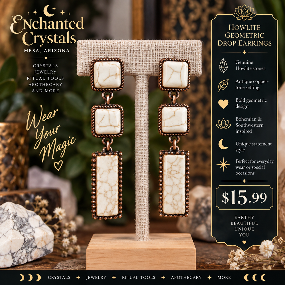 Howlite Geometric Drop Earrings – Antique Copper Tone