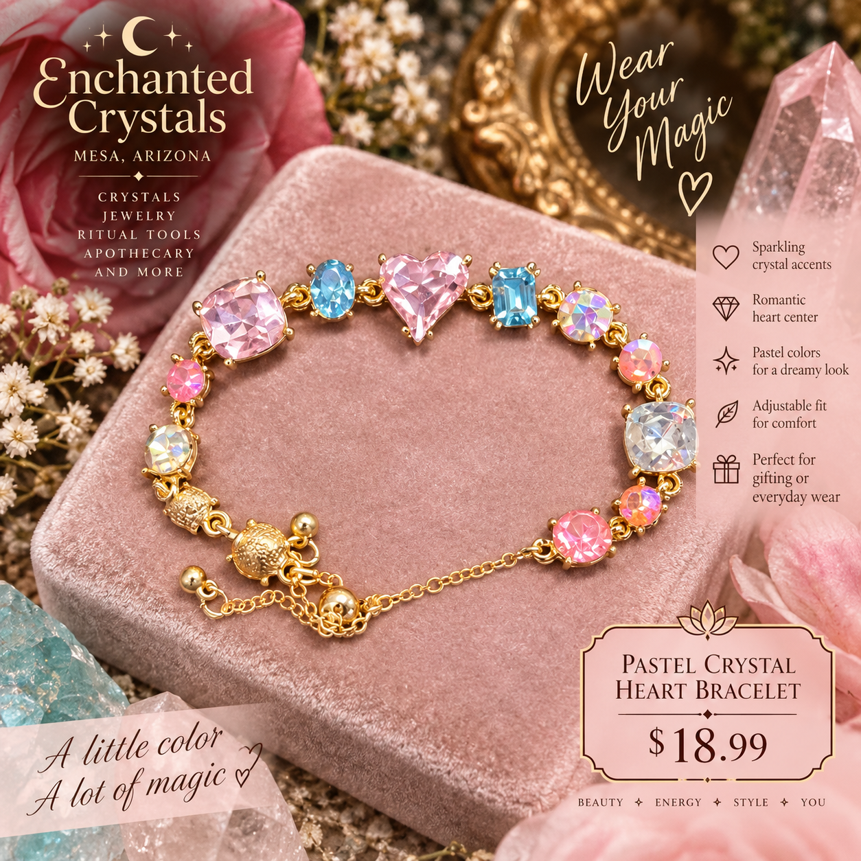 Pastel Crystal Heart Bracelet – Gold Tone