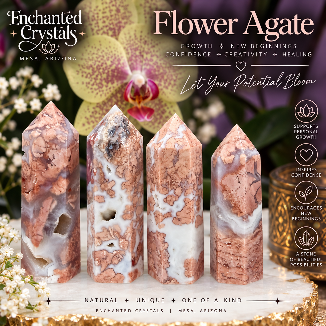 Flower Agate Crystal Tower – Natural Cherry Blossom Agate Point | Sold Individually