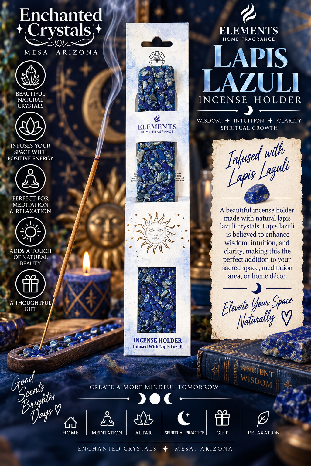 Lapis Lazuli Crystal Incense Burner – 11" Wooden Incense Holder