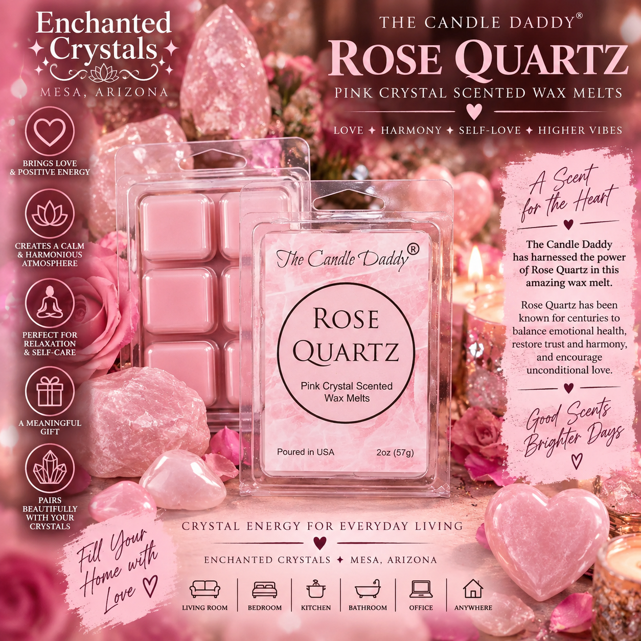 Rose Quartz Scented Wax Melts – Love, Harmony & Sweet Energy | 2 oz • 6 Cubes