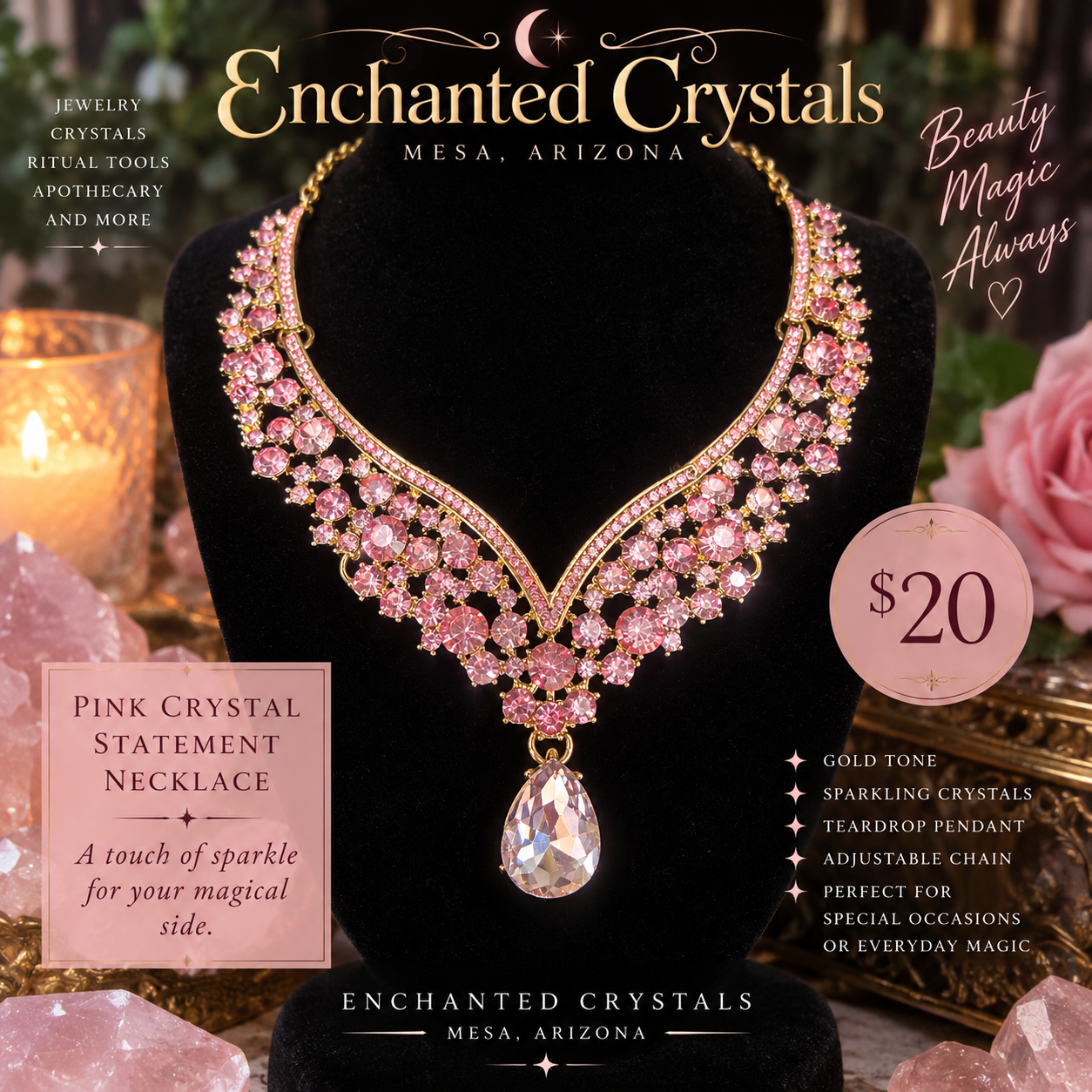 Pink Crystal Statement Necklace – Gold Tone | $20