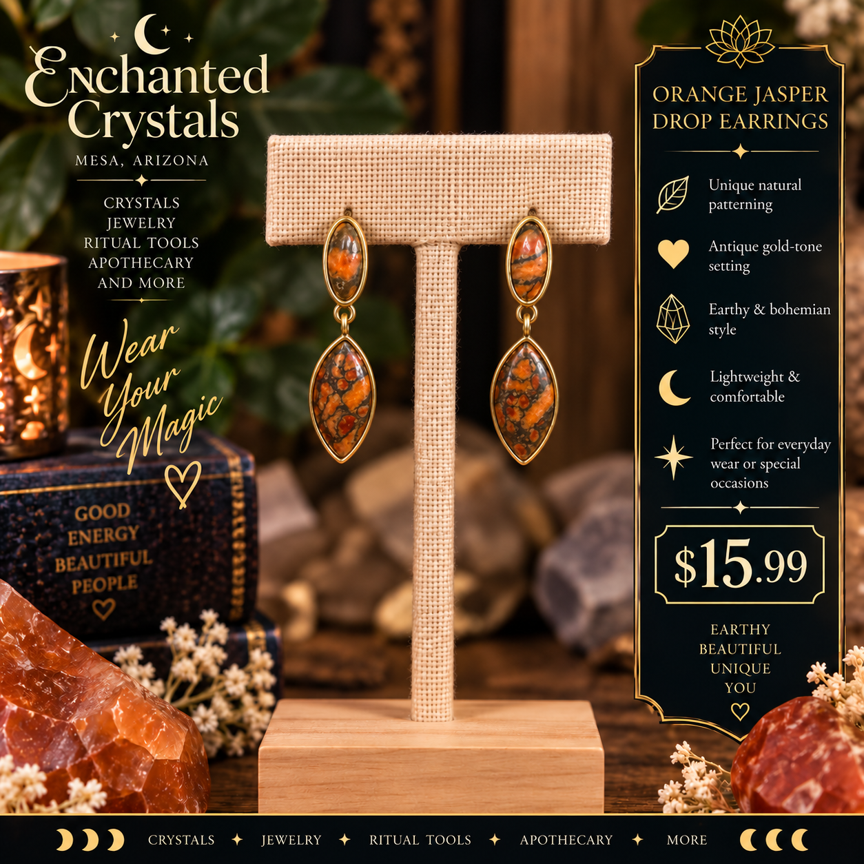 Orange Jasper-Style Geometric Drop Earrings – Antique Gold Tone