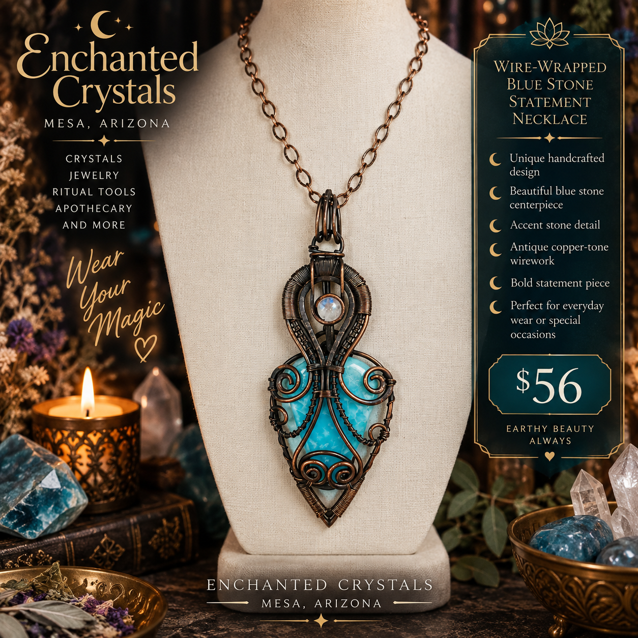 Larimar & Moonstone Wire-Wrapped Statement Necklace – Antique Copper Tone | $56