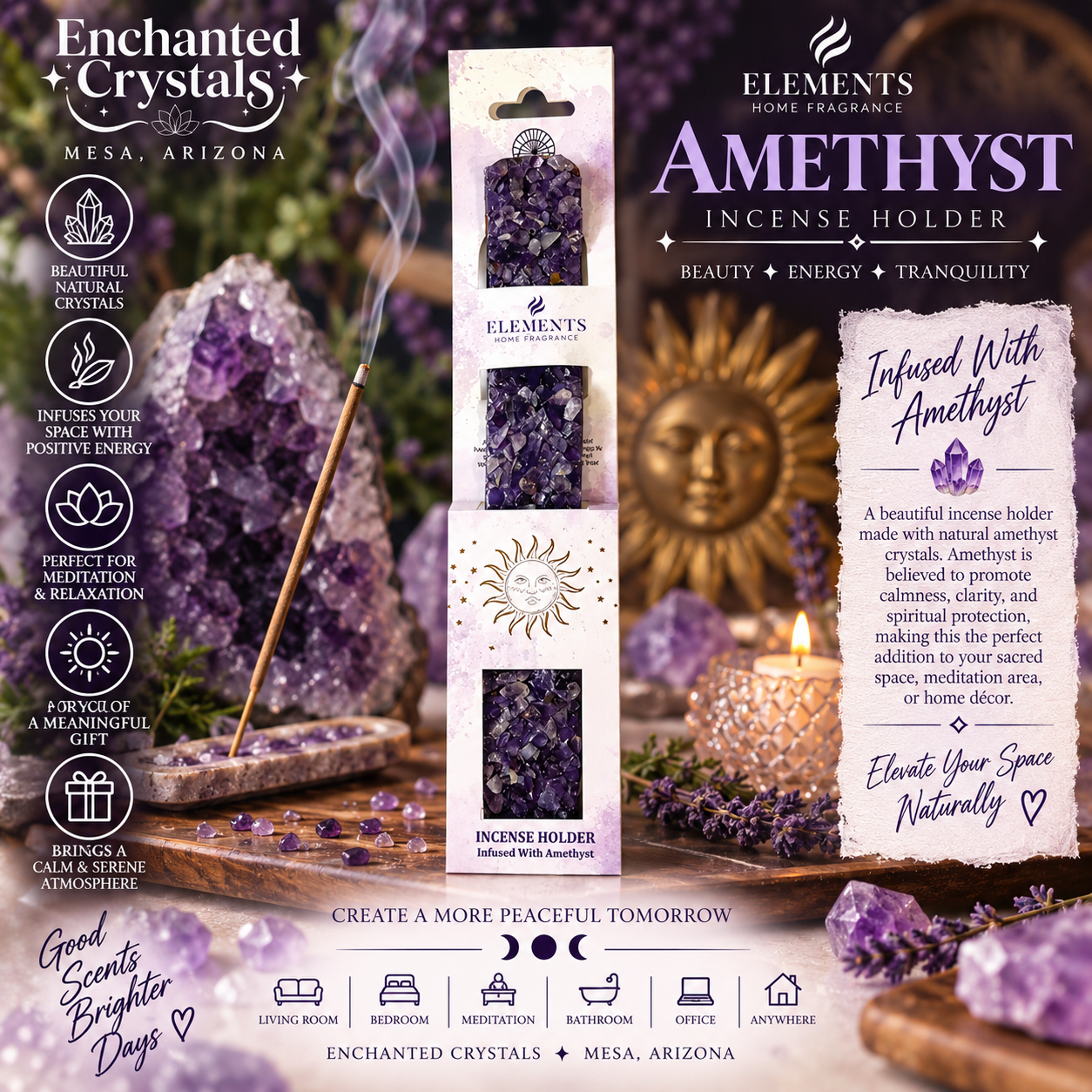 Amethyst Crystal Incense Burner – Wooden Incense Holder with Natural Stone Detail