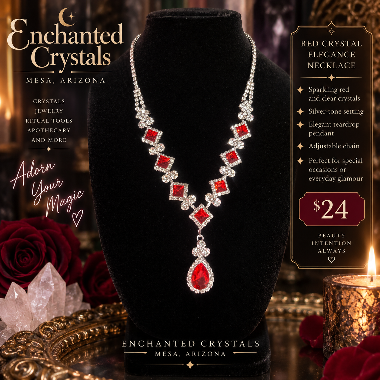 Red Crystal Teardrop Statement Necklace – Silver Tone | $24