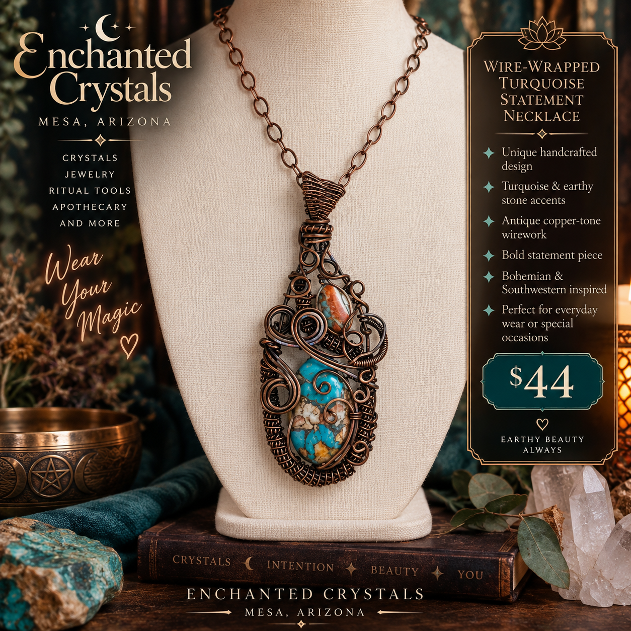 Wire-Wrapped Turquoise Statement Necklace – Copper Tone | $44