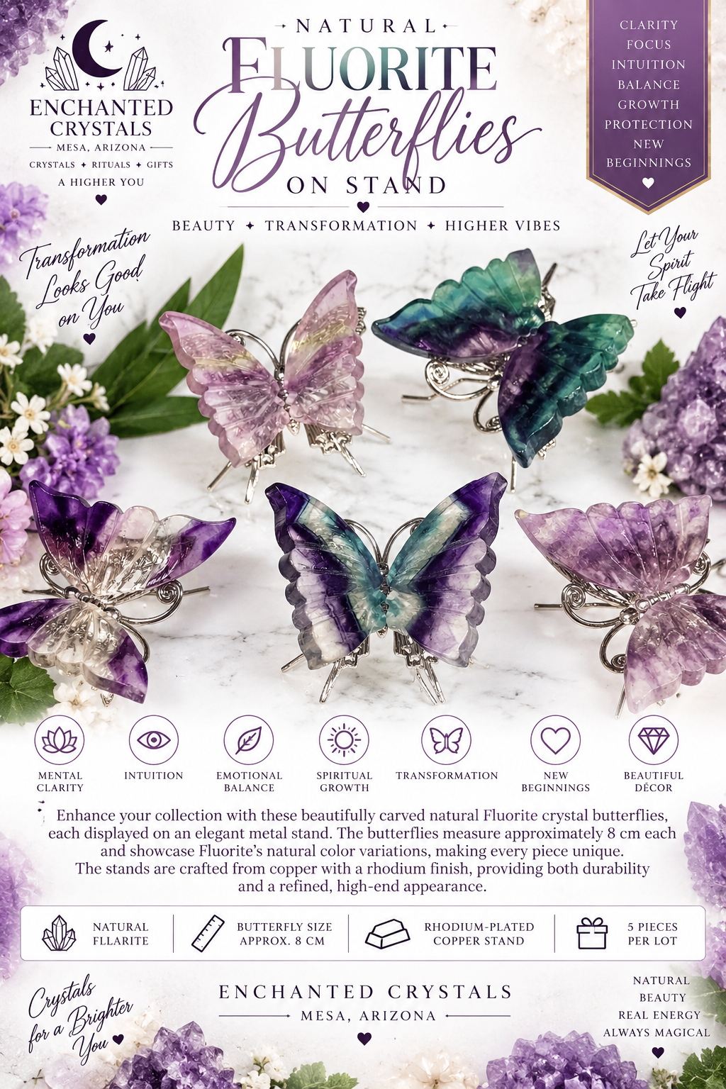Natural Fluorite Crystal Butterfly on Stand – Sold Individually