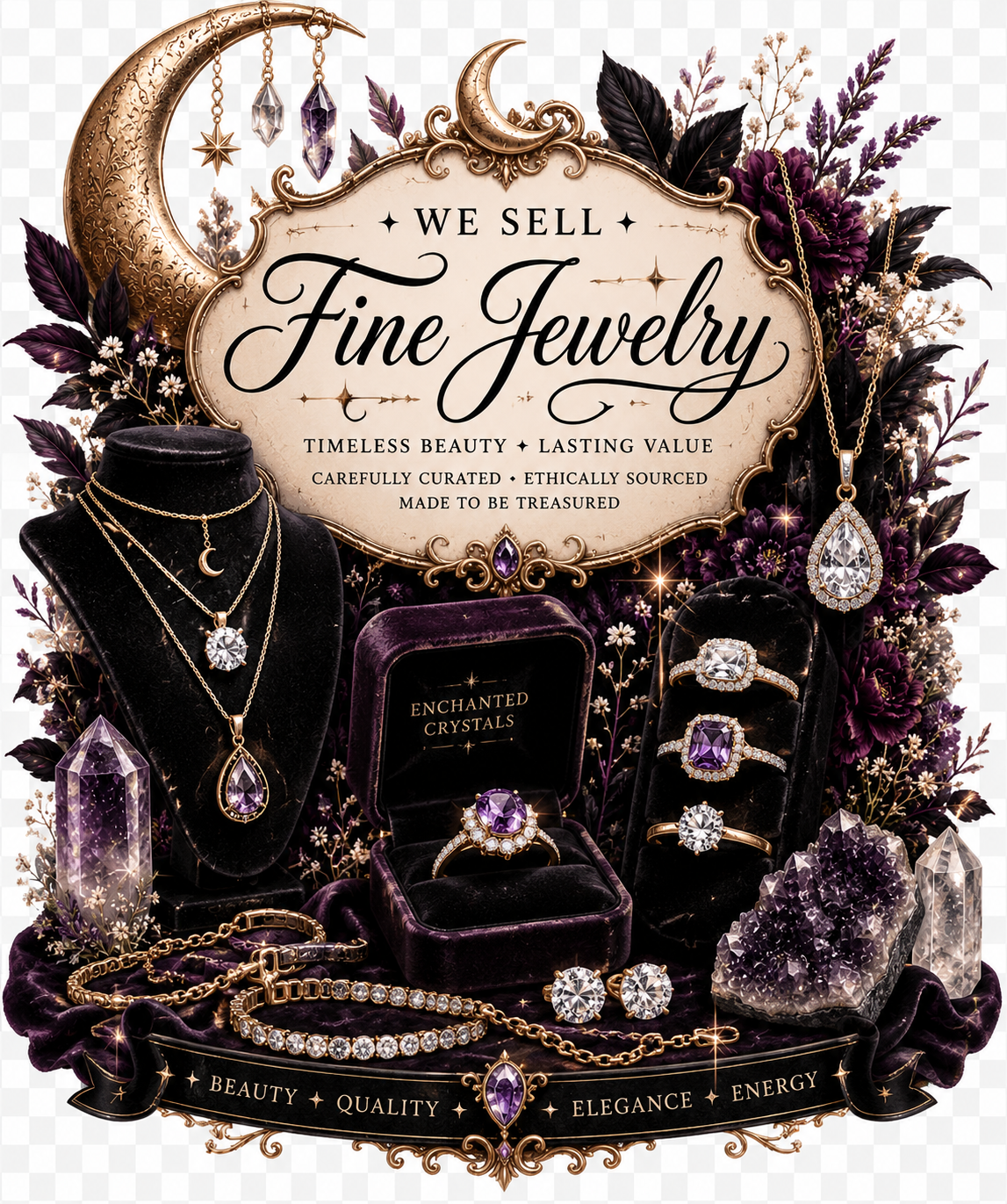 An advertisement for a jewelry store with a display of gold and silver rings, necklaces, earrings, and crystals, surrounded by purple and black flowers, with a sign that reads about selling fine jewelry and emphasizing beauty, quality, elegance, and energy.