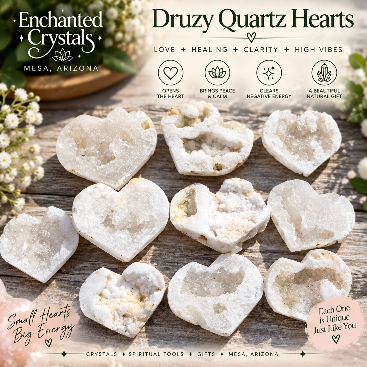 Druzy Quartz Heart – Natural Moroccan Crystal Heart | Sold Individually
