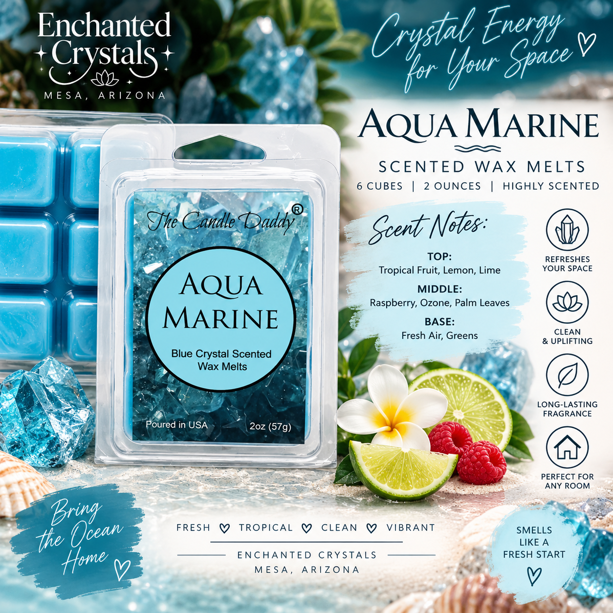 Aqua Marine Blue Crystal Scented Wax Melts – 2 oz | 6 Cubes