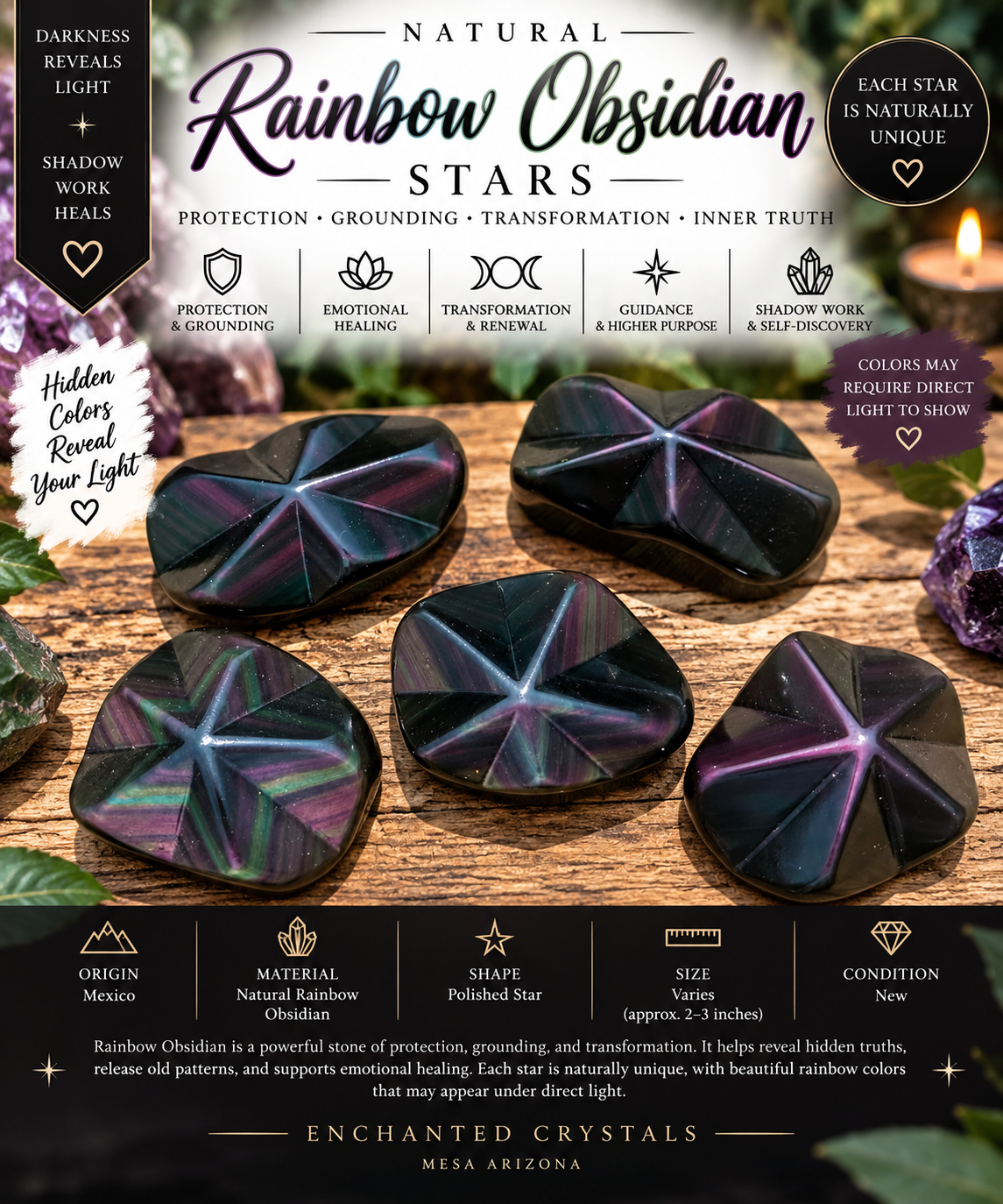 Natural Rainbow Obsidian Star – Mexico – Sold Individually