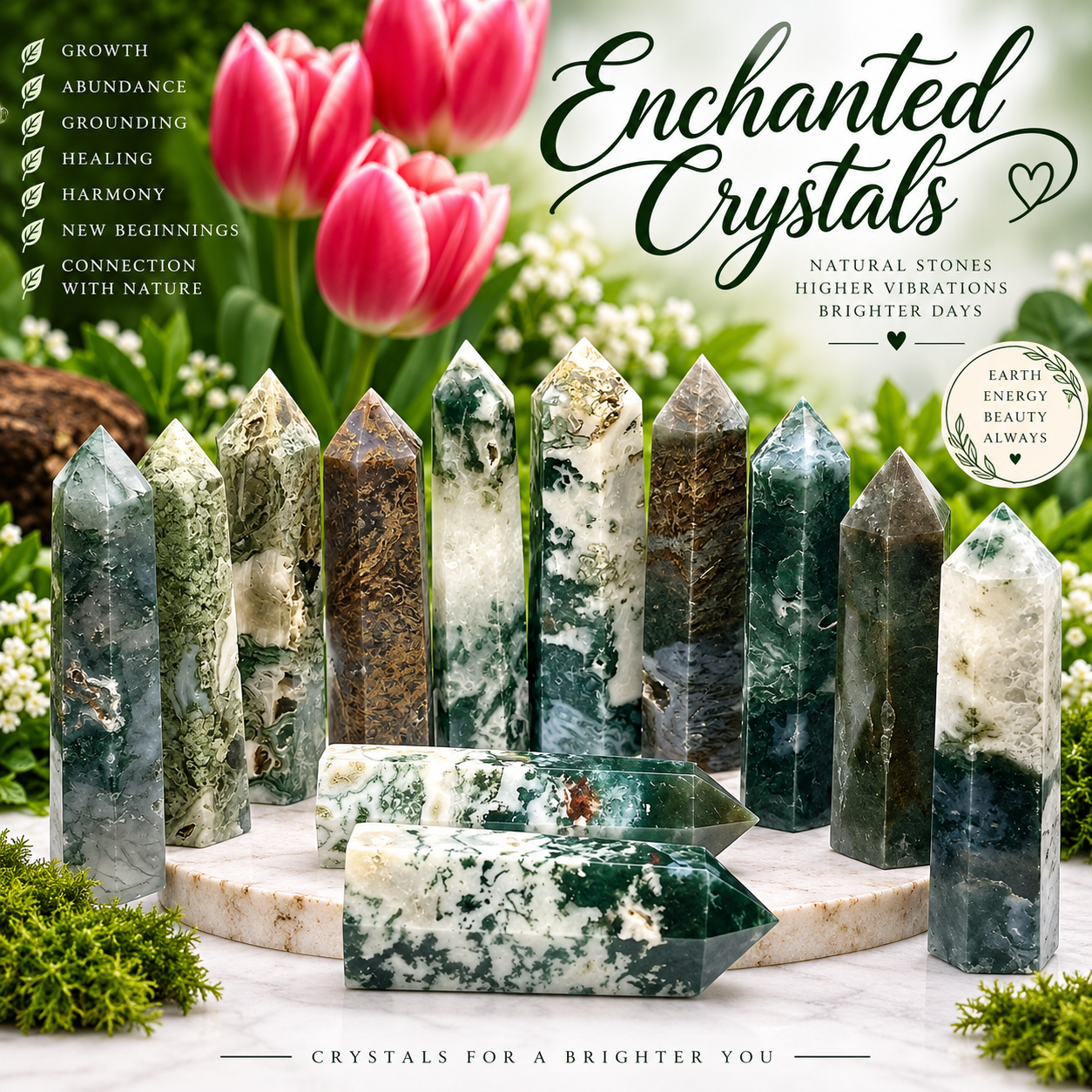 Natural Moss Agate Obelisk – Sold Individually