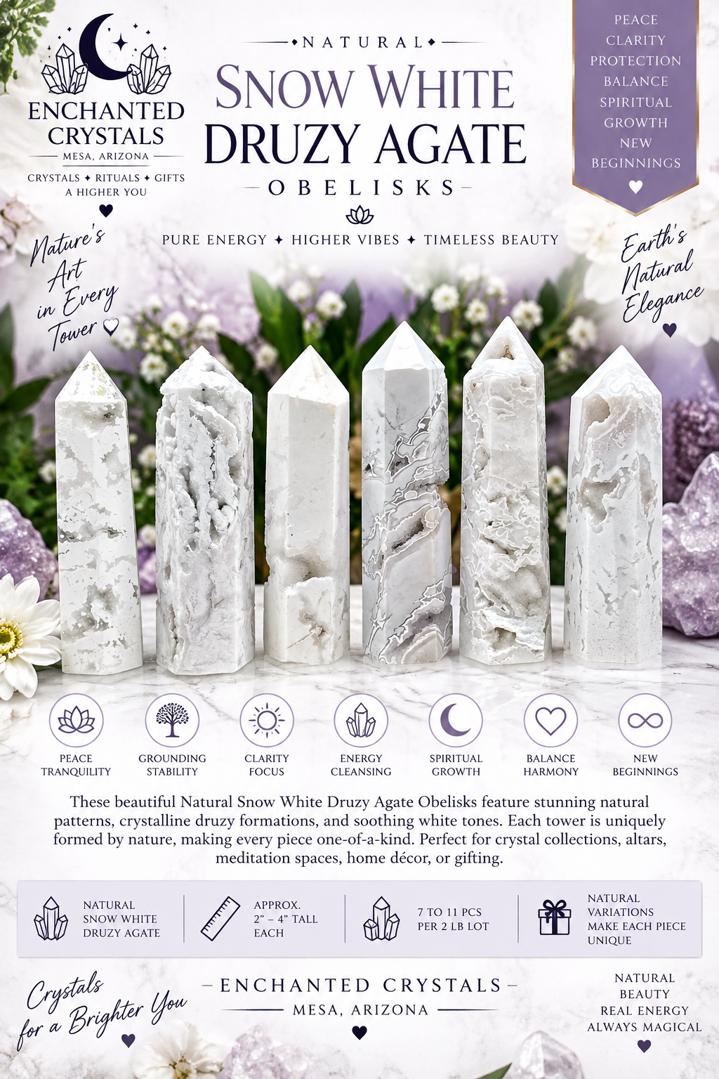 Natural Snow White Druzy Agate Obelisk – Sold Individually