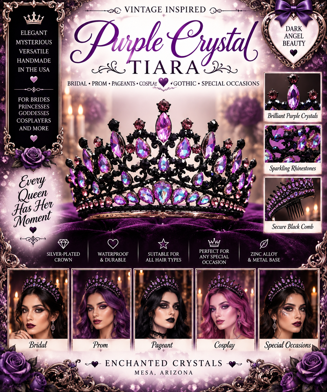 Purple Crystal Tiara with Black Comb – Vintage Dark Angel Crown