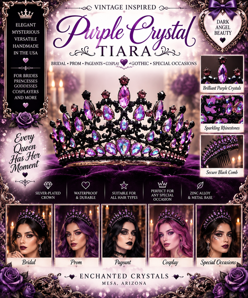 Purple Crystal Tiara with Black Comb – Vintage Dark Angel Crown