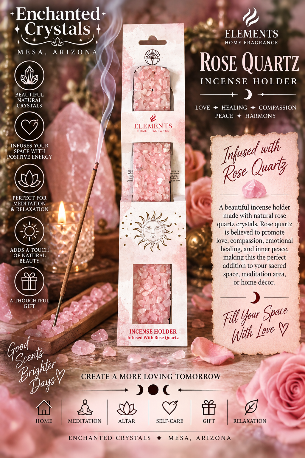 Rose Quartz Crystal Incense Burner – 11" Wooden Incense Holder