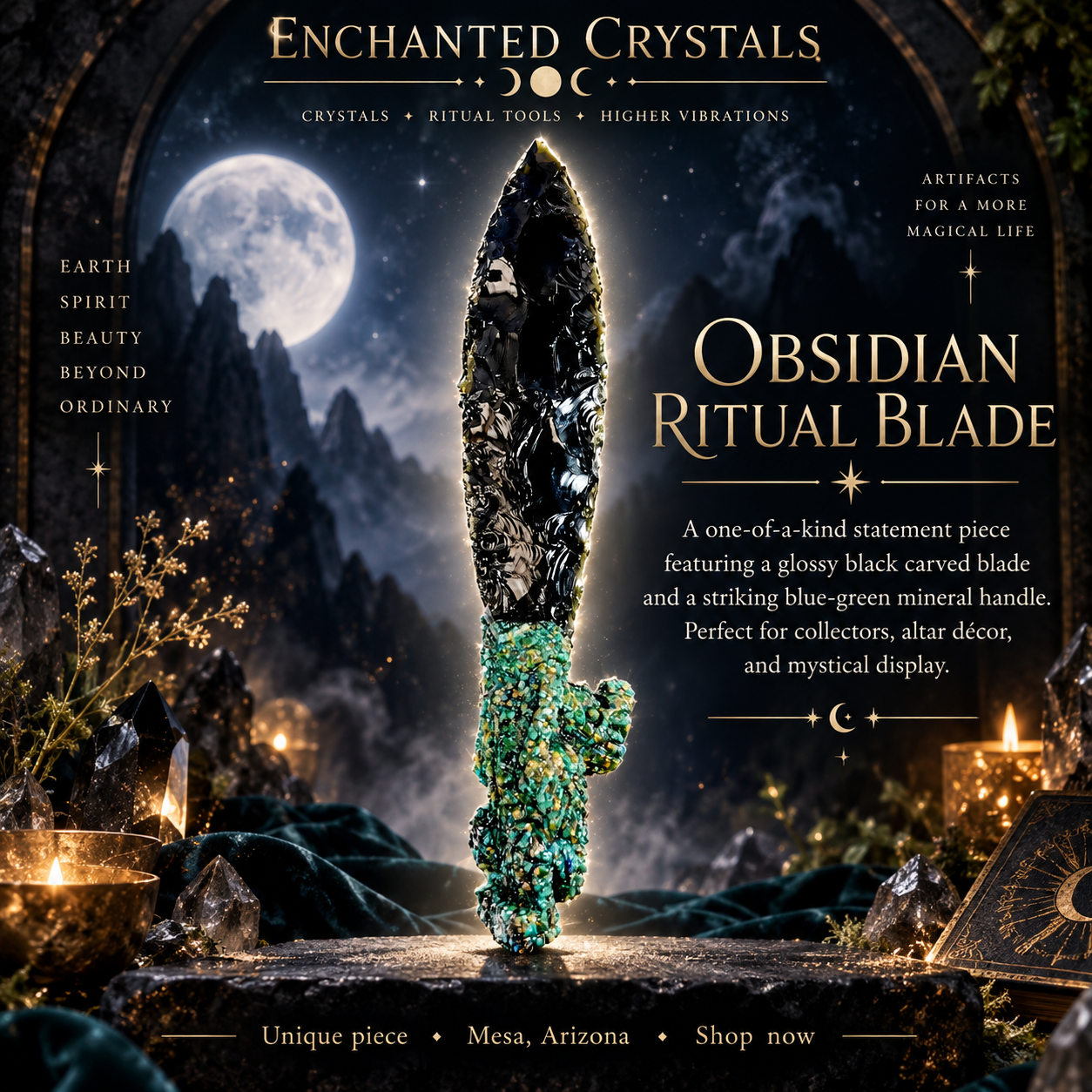 Obsidian Ritual Blade with Blue-Green Crystal Handle – One-of-a-Kind Altar & Display Piece