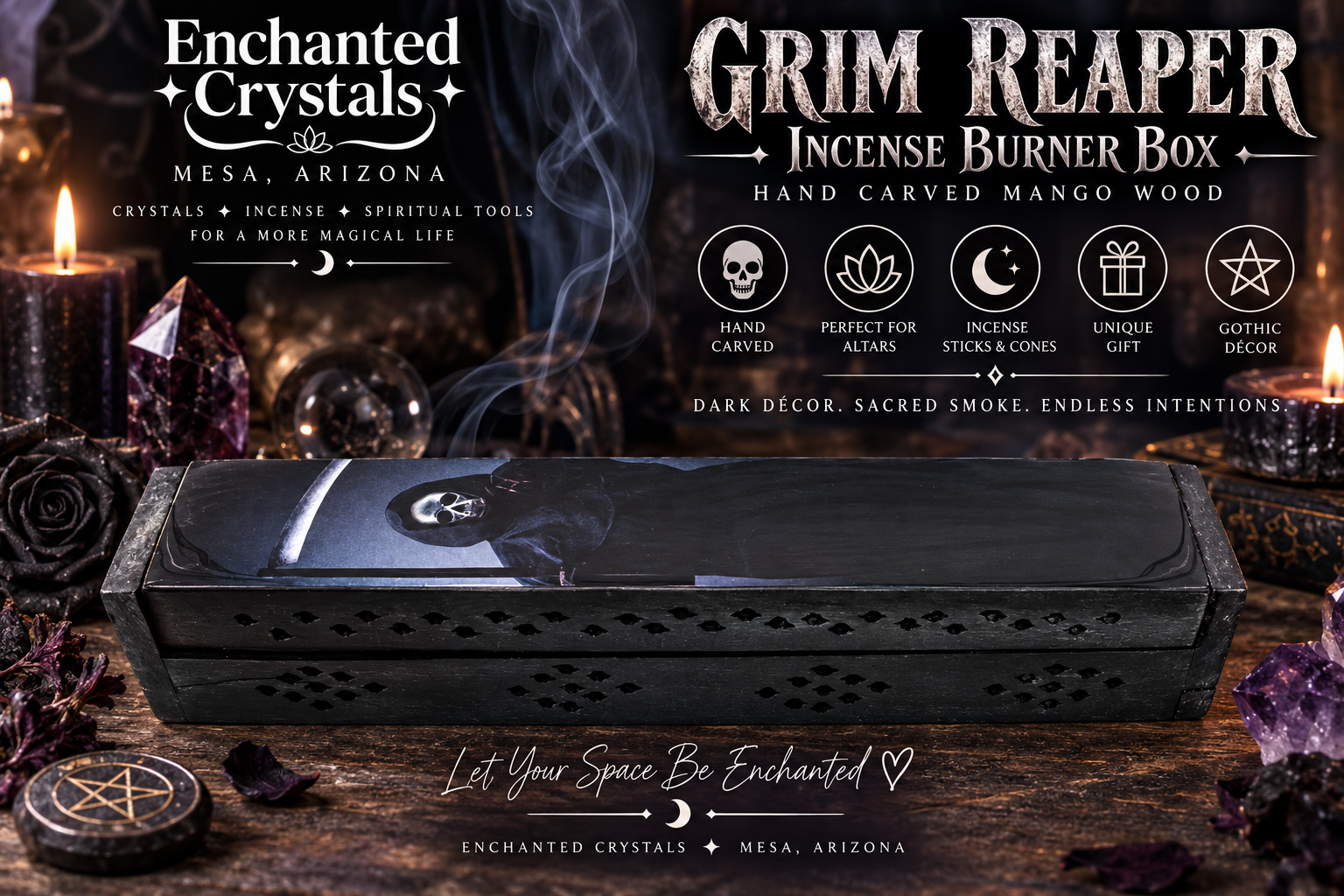 Grim Reaper Coffin Incense Burner – 12" Hand-Carved Mango Wood Box