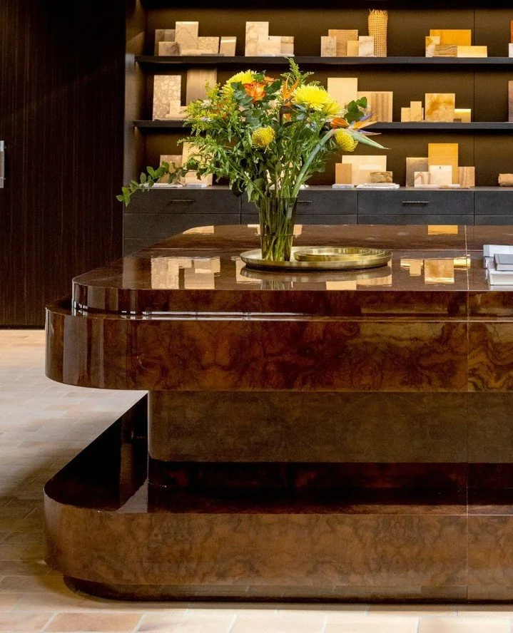 A lacquered burl wood island, inspired by the rich interiors of vintage boats and cars.⁠
⁠
Created for the office of our client @vandervelpen, this lacquered burl wood island came together through a close collaboration between designers and craftspeo