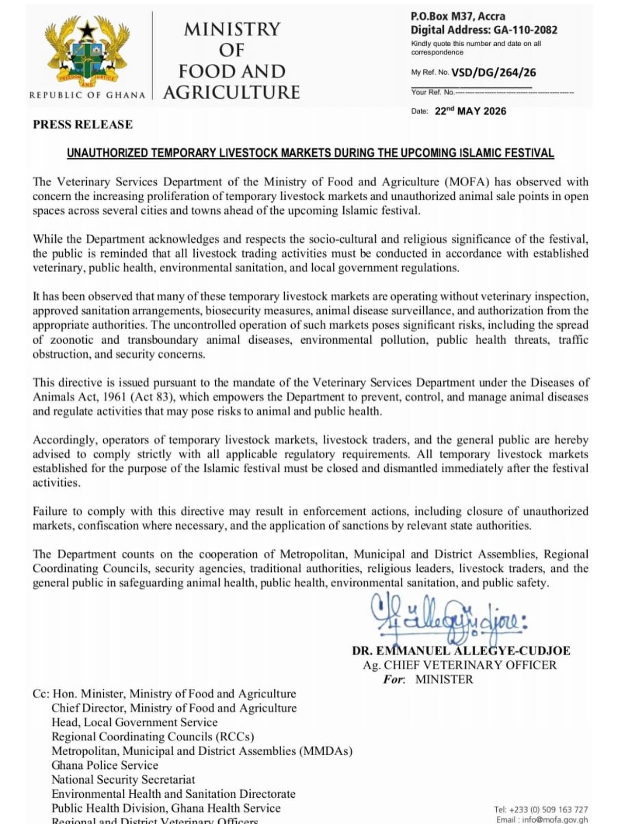 From the Veterinary Services Department, MOFA, a press release on unauthorized temporary livestock markets ahead of the upcoming Islamic festival.

@mofagovgh 

#animalwelfareghana