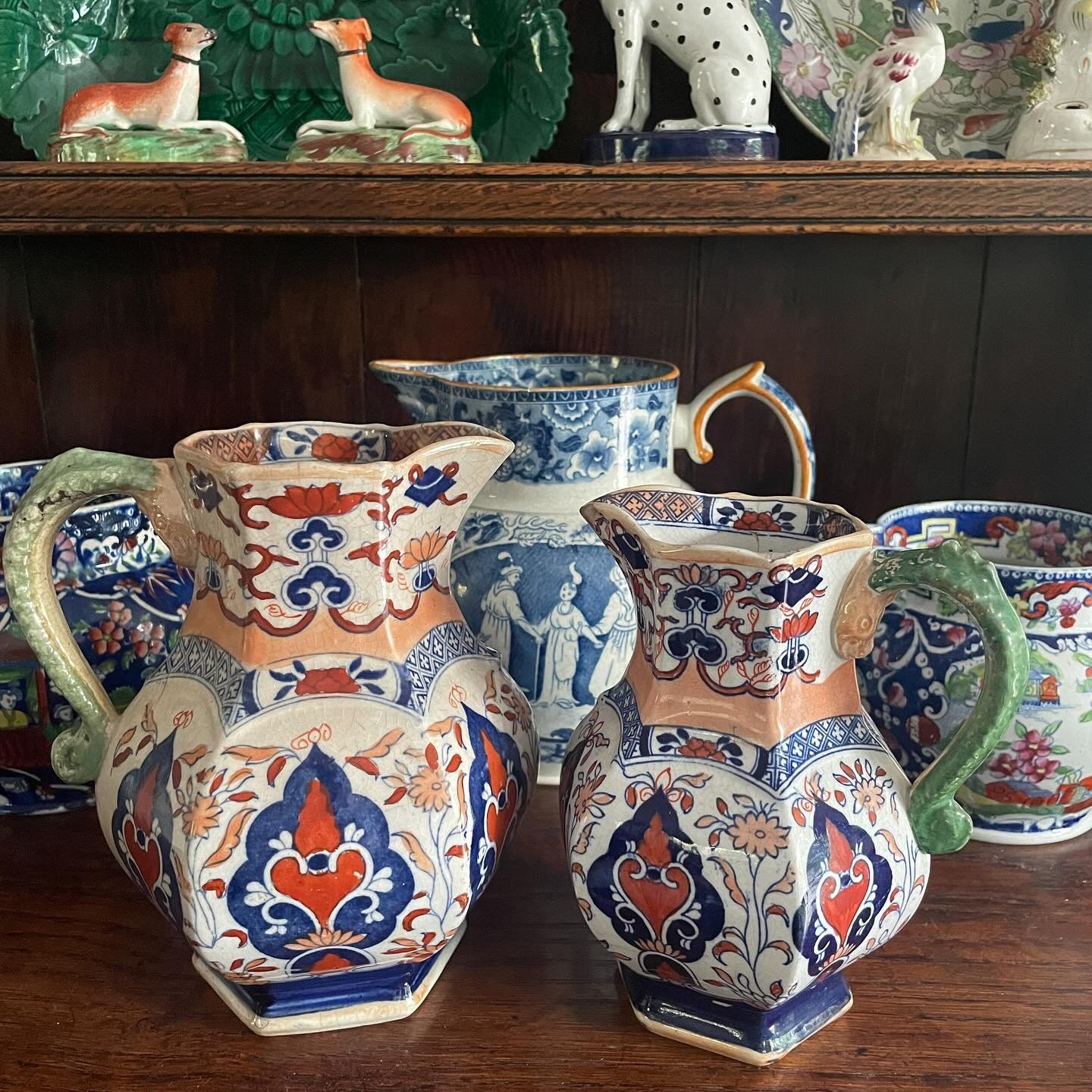 FOR SALE Two striking early 19th century Fenton Stone Works octagonal ironstone jugs. They were made by George &amp; Charles Mason, Staffordshire in around 1825. 

They are richly decorated in a beautiful Imari pattern (No. 306) with serpent handles 