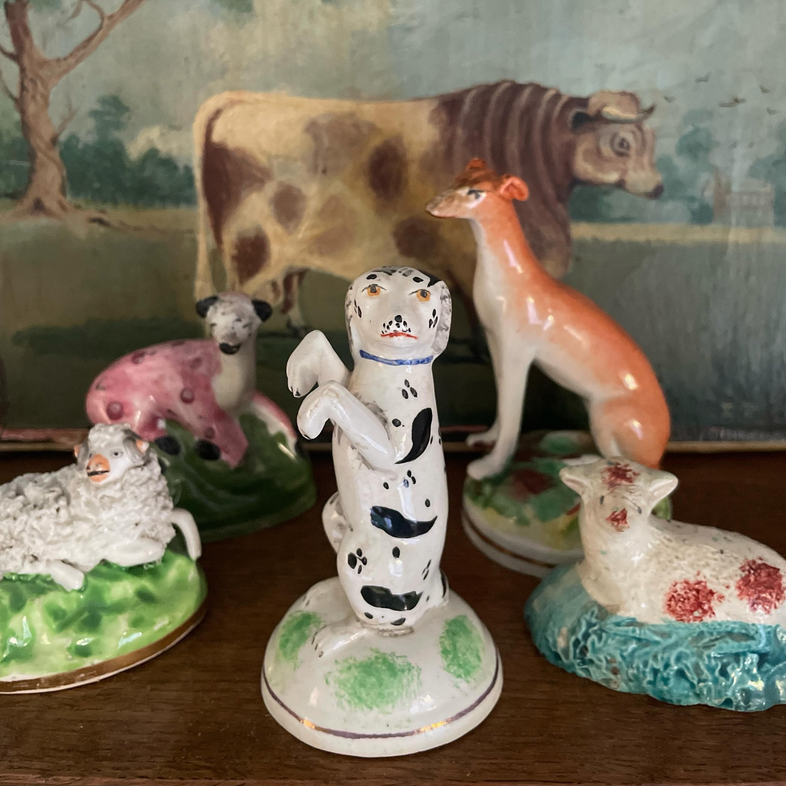 I love this very perky little antique Staffordshire dog. It&rsquo;s quite a rare find and resistance was futile. It&rsquo;s now sitting happily amongst the gang of antique Staffordshire misfits on my bedroom shelf and bringing me great joy! I have so