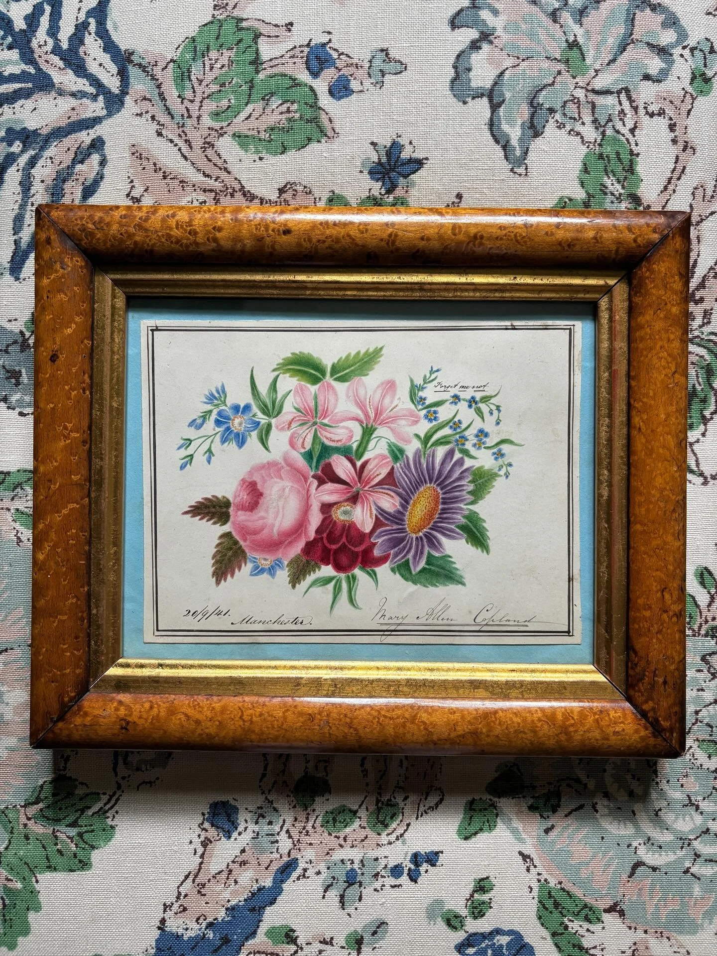 SOLD 🌟 The most charming 19th century floral watercolour painting of a very pretty sprig of flowers including rose, peony and forget-me-not. Inscribed with the words &lsquo;Forget me not&rsquo; and signed Mary Allen Copland, dated 20th September 184