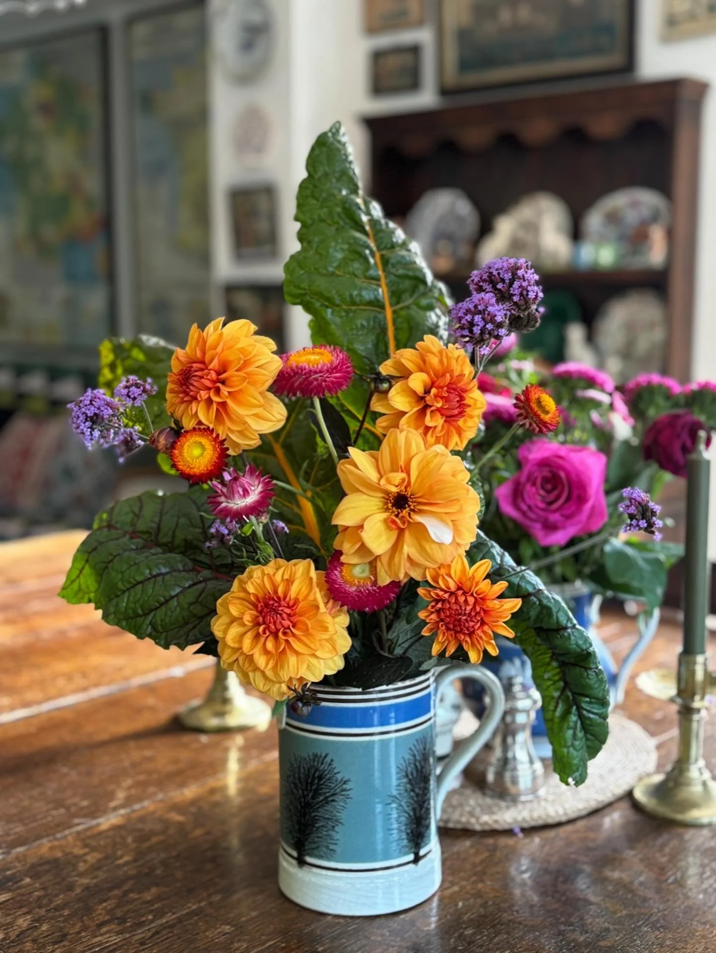 I had such a lovely dog walk last week with Lizzie @heritagetrading who brought me this beautiful bunch of dahlias and rainbow chard. I am definitely planting chard in the garden next year - not only does it look incredible in vases but it&rsquo;s a 