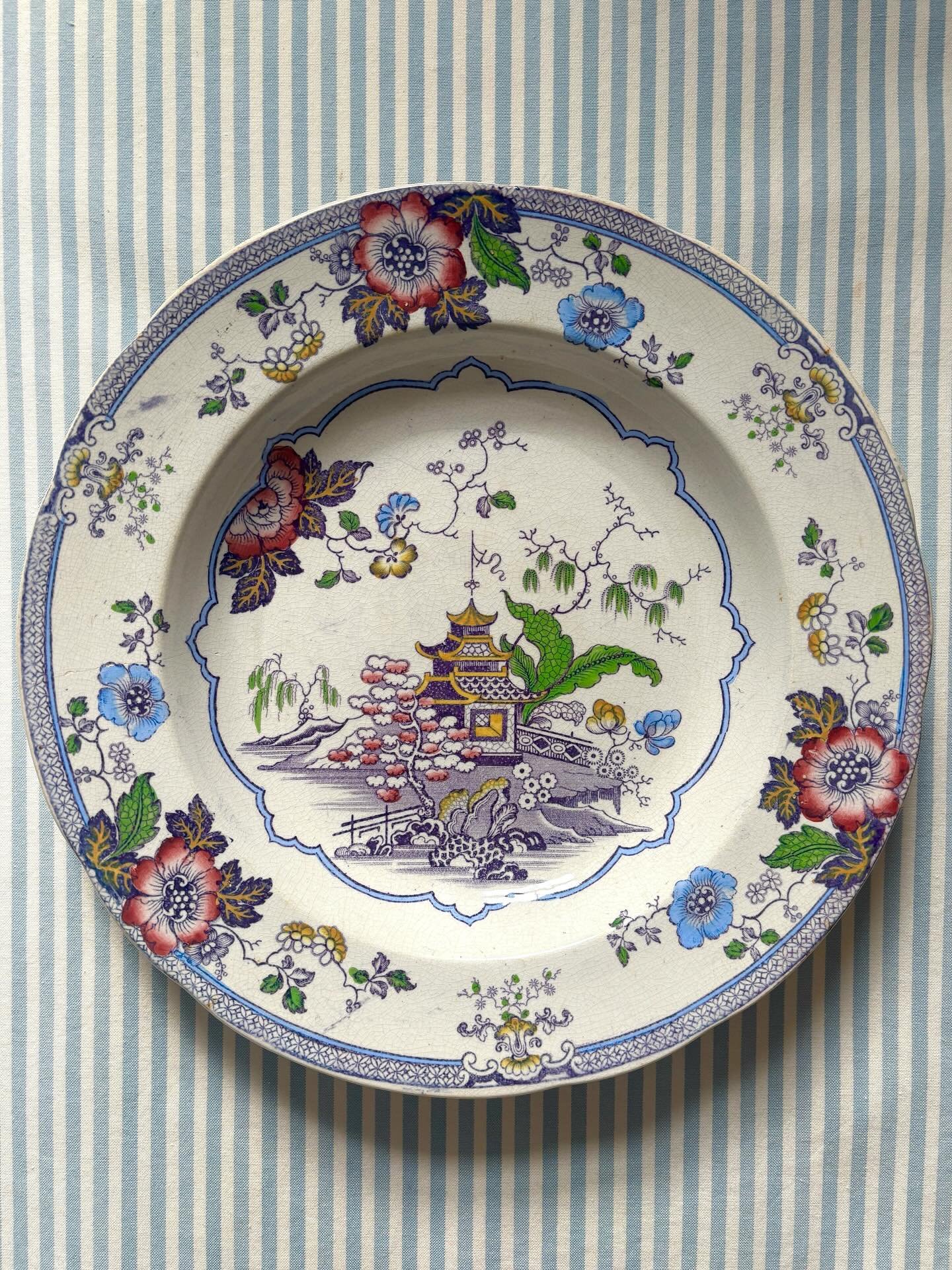 FOR SALE A beautiful mid 19th century earthenware plate by J&amp;R Godwin in a very pretty chinoiserie pattern called &rsquo;Talli&rsquo;. It is transfer printed in a rich indigo with hand colouring in cornflower blue, green, plum red and yellow. It 