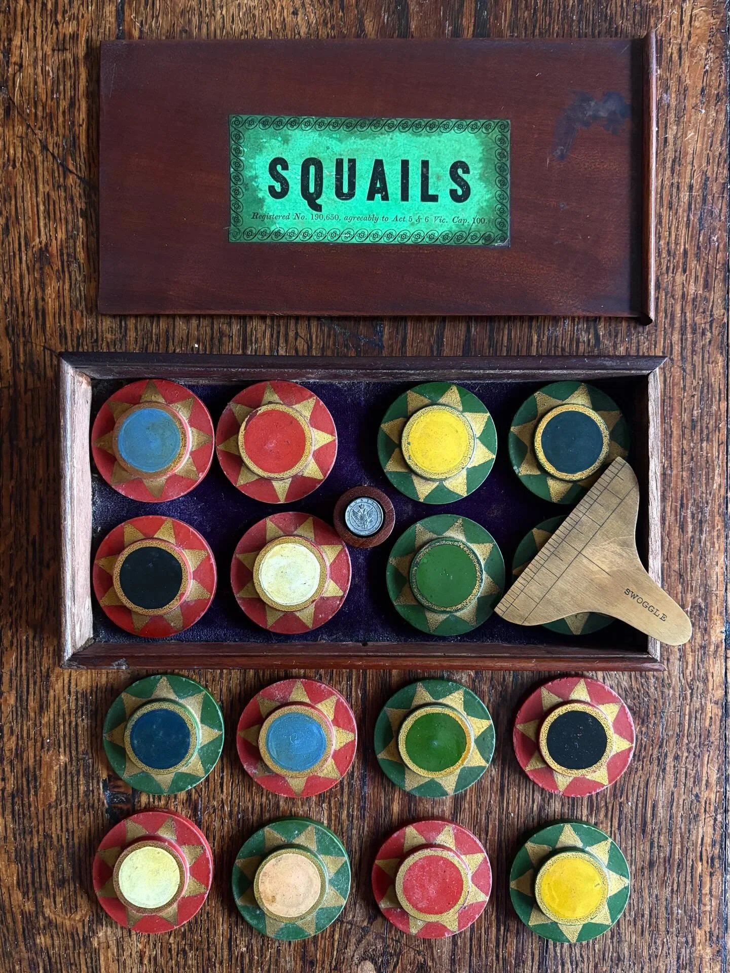 PENDING A rare antique wooden box set of &rsquo;Squails&rsquo;, circa 1880, a remarkable piece of Victorian gaming history. 

The game of &lsquo;Squails&rsquo; was invented by John Jaques in 1857 and became a hugely popular Victorian parlour game. It