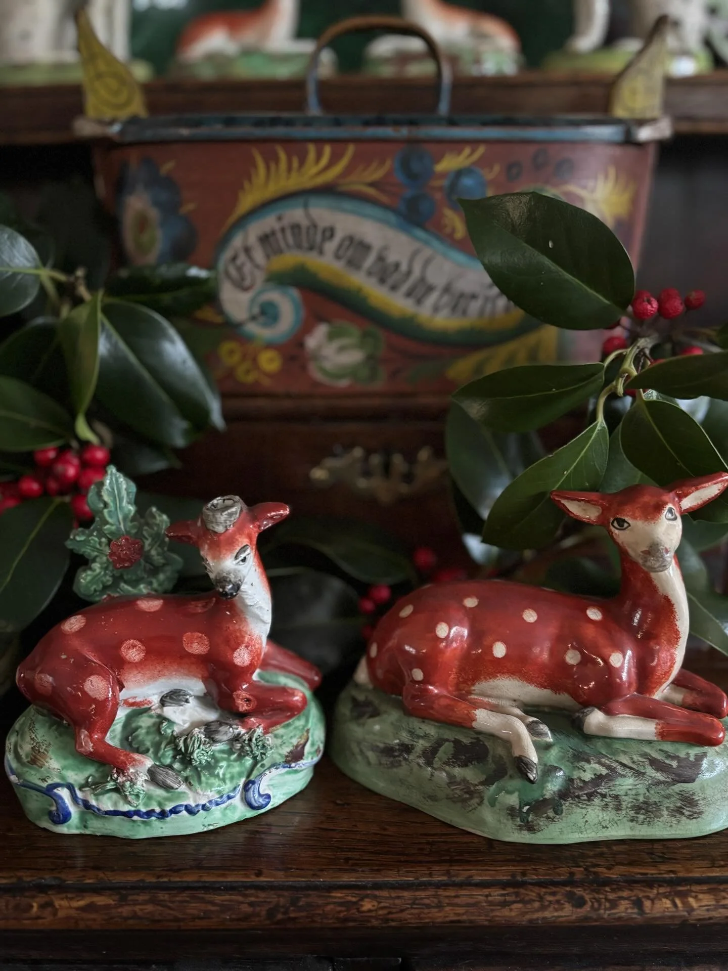 PENDING Two antique Staffordshire pearlware figures of deer, circa 1820.

1.) A scarce Staffordshire pottery model of a fabulously spotty doe lying on a grassy mound, circa 1810-1820. It is the most beautiful piece of early 19th century pottery and i