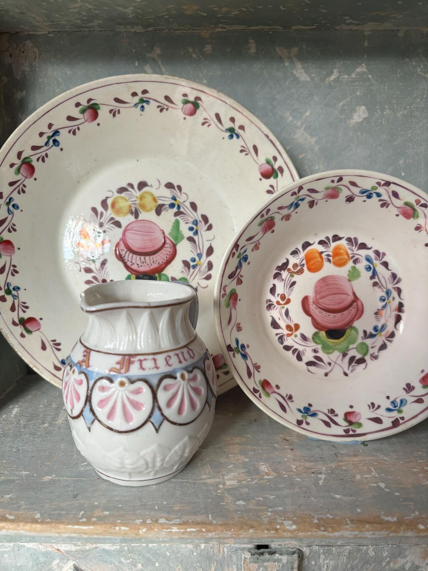PENDING I thought these small pieces of antique pottery would make such sweet presents or stocking fillers for a lover of antiques and pretty things!

1.) Two matching small saucers with hand painted decoration and pink lustre detailing, early 19th c