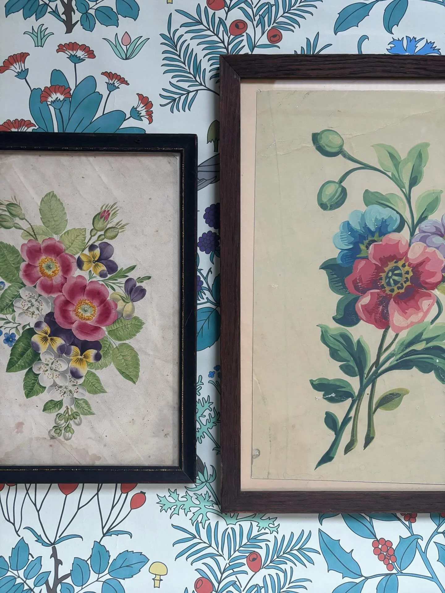 FOR SALE Two charming florals, very different in origin but surprisingly similar in colours and composition.&nbsp;

1.) A very lovely vintage French wallpaper piece featuring the prettiest sprig of flowers, framed in a vintage oak frame.&nbsp;

There