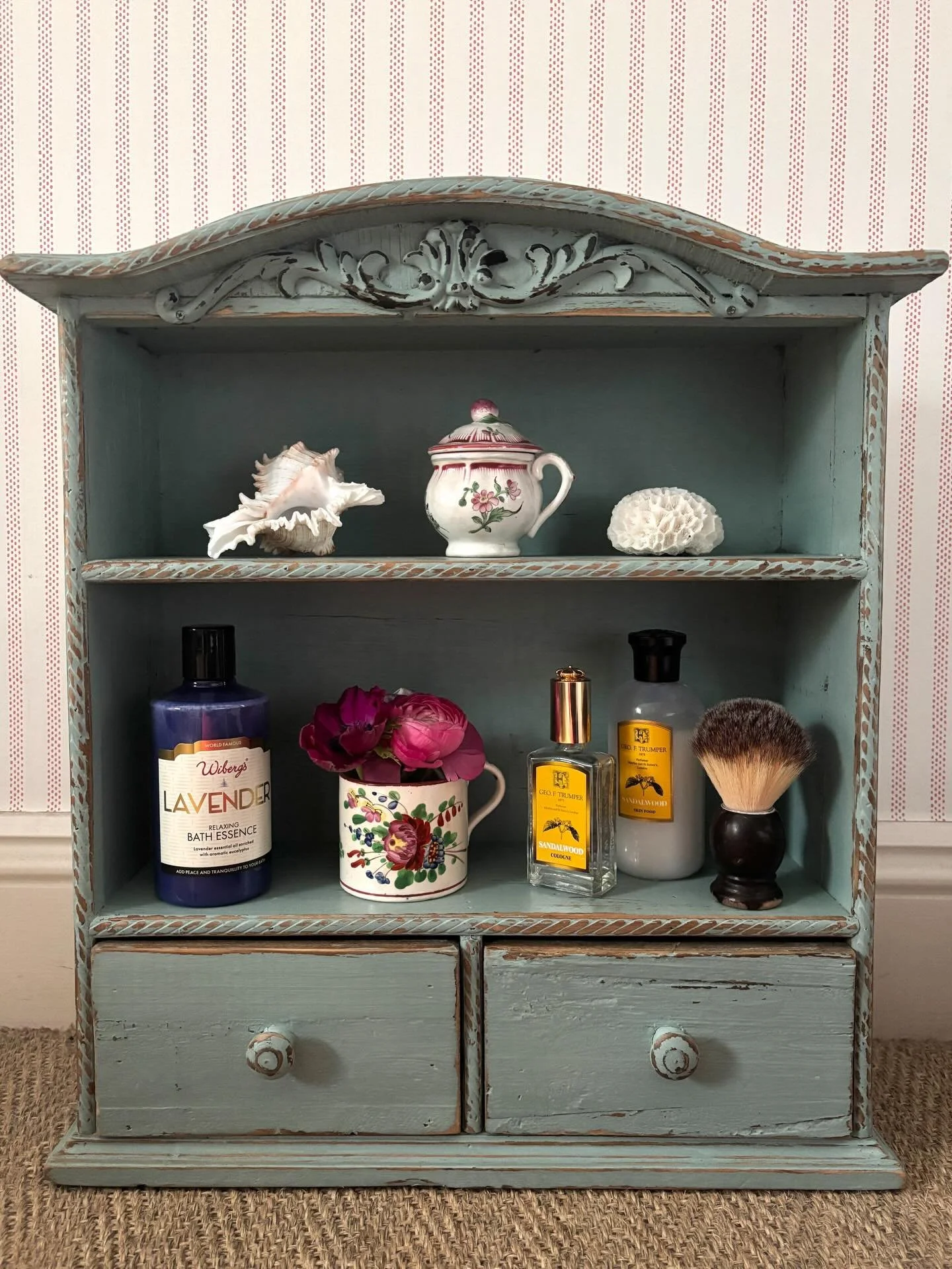 FOR SALE A vintage French wooden two tiered shelf with drawers which can be wall mounted or freestanding. There is a lovely decorative scroll at the top and pretty gadroon edging throughout. 

It would make the most perfect little piece of bathroom f